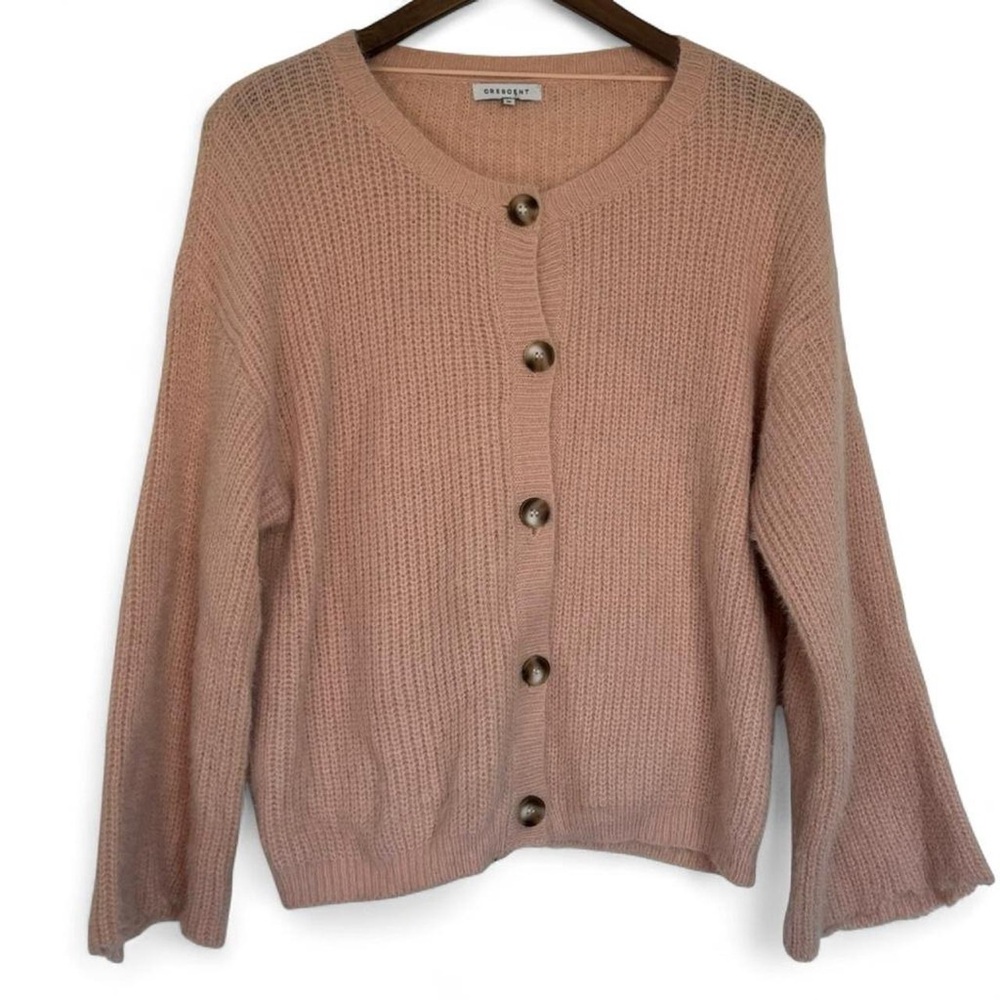 Crescent Blush Fuzzy Pink Cardigan Sweater Bell Sleeves Medium Cottagecore